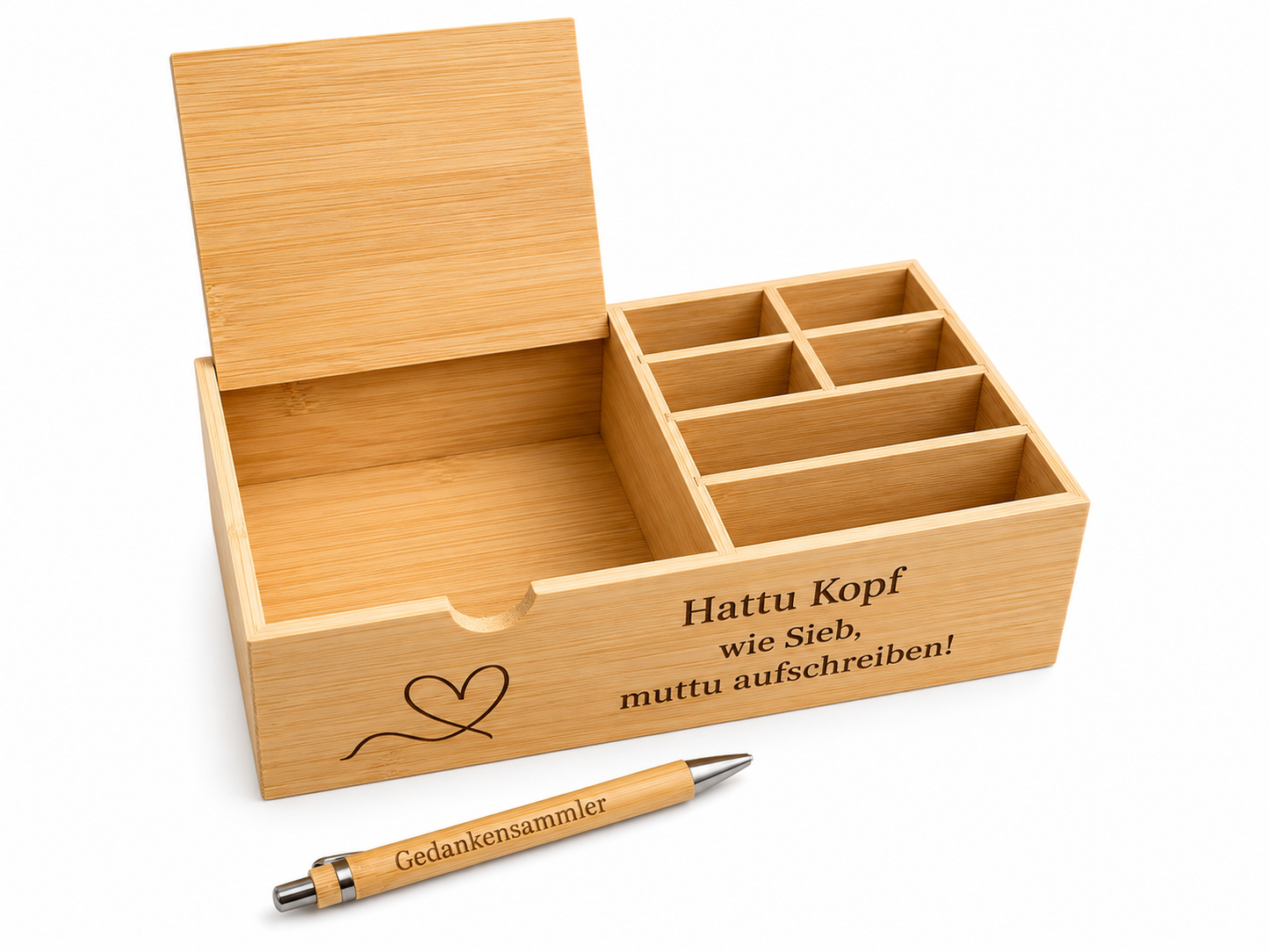 Holz-Organizer „Hattu Kopf, wie Sieb? Mutti aufschreiben!“ mit passenden Stift (LIMITIERT)