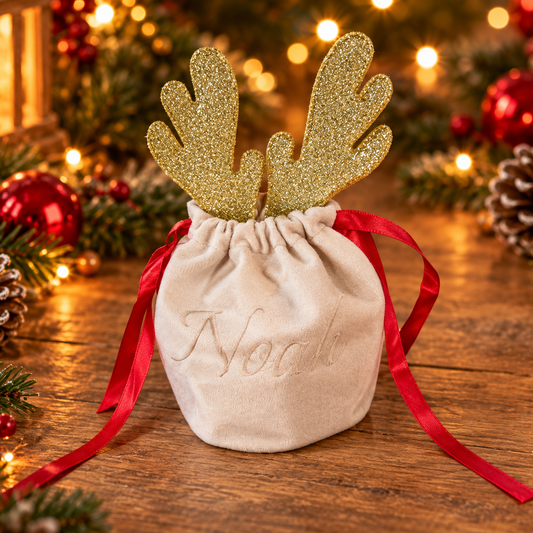 🎄 Personalisiertes Weihnachtssäckchen im Rentier-Look (Glitzer Geweih)