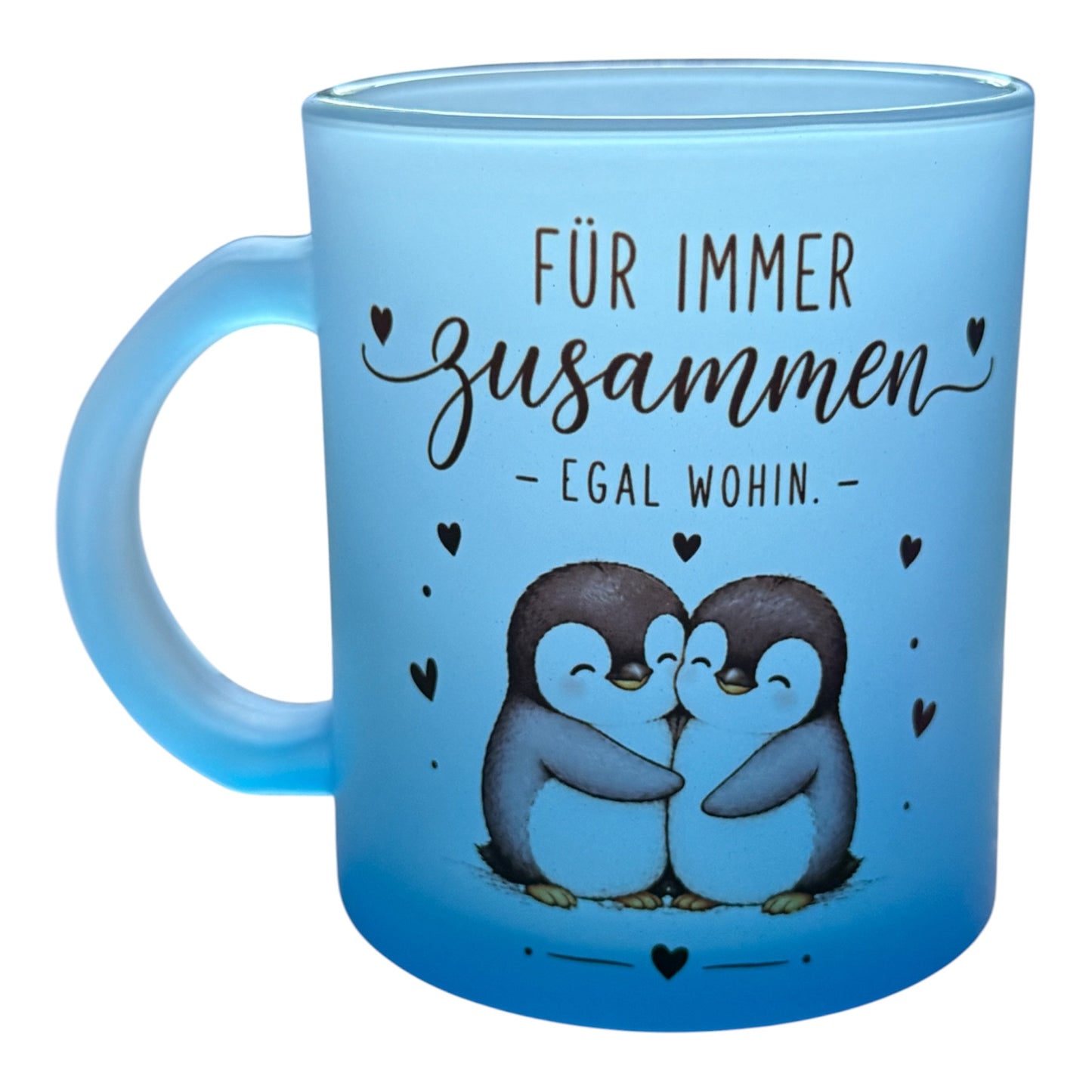 Pinguin Glastasse Frosted mit Farbverlauf Blau