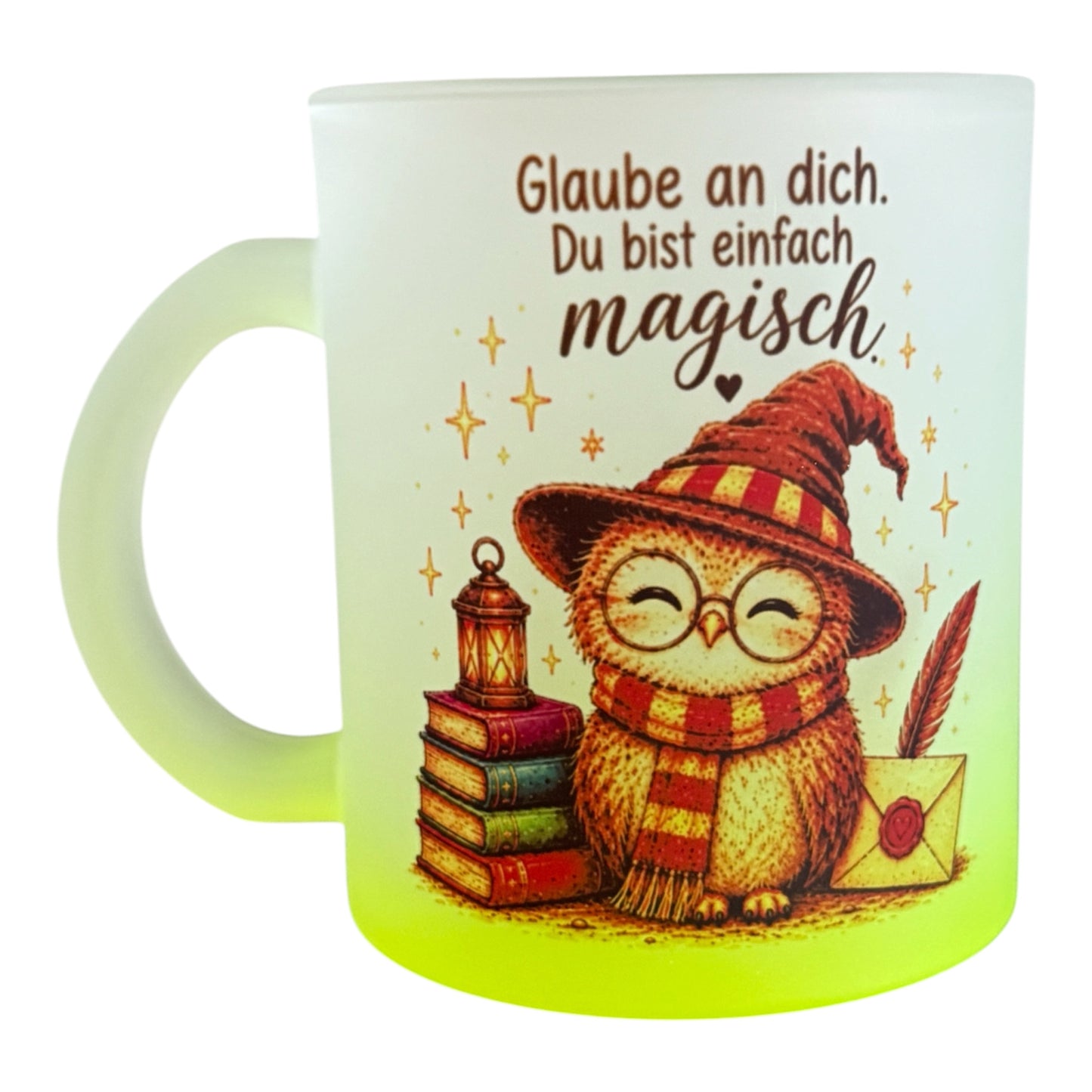Eule Glastasse Frosted mit Farbverlauf Gelb
