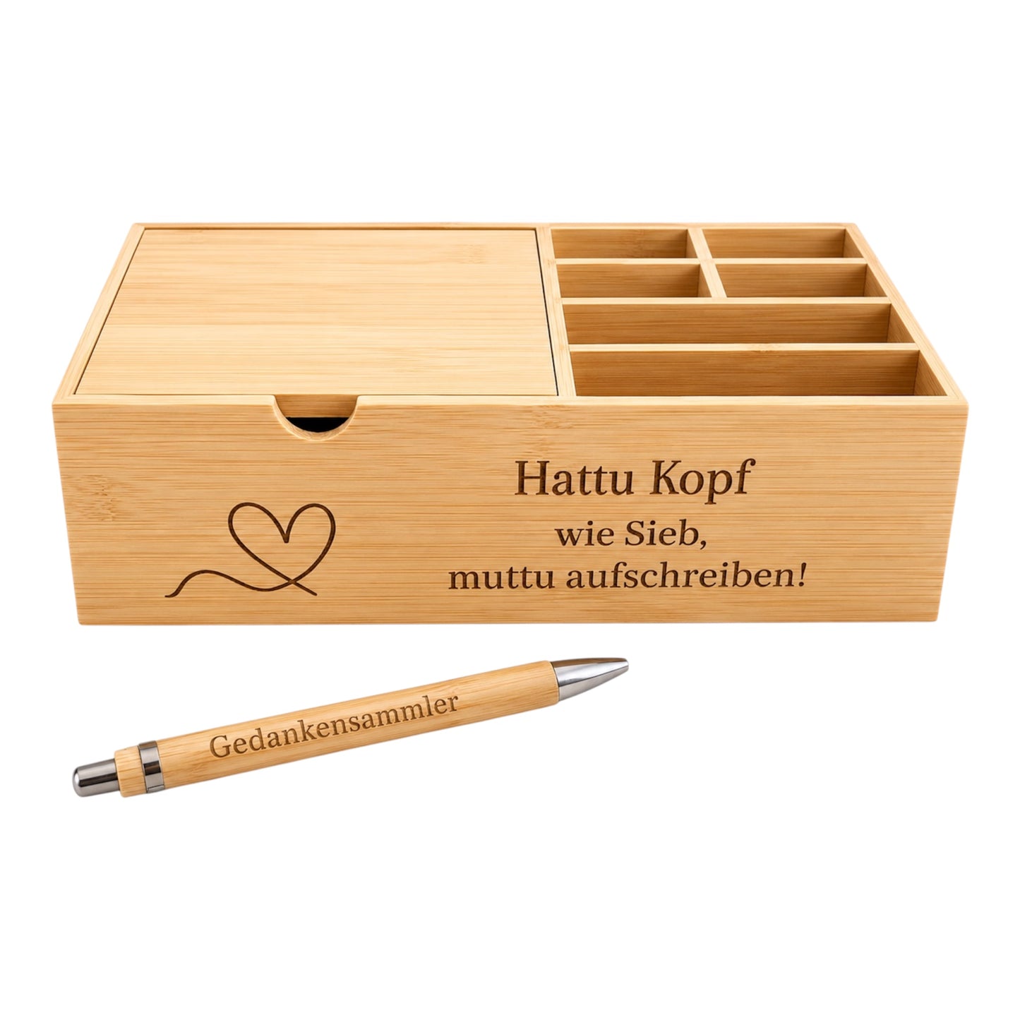 Holz-Organizer „Hattu Kopf, wie Sieb? Mutti aufschreiben!“ mit passenden Stift (LIMITIERT)