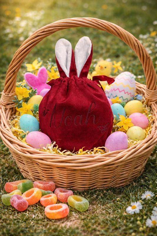 Personalisierter Samt‑Osterbeutel – gefüllt mit leckeren Süßigkeiten