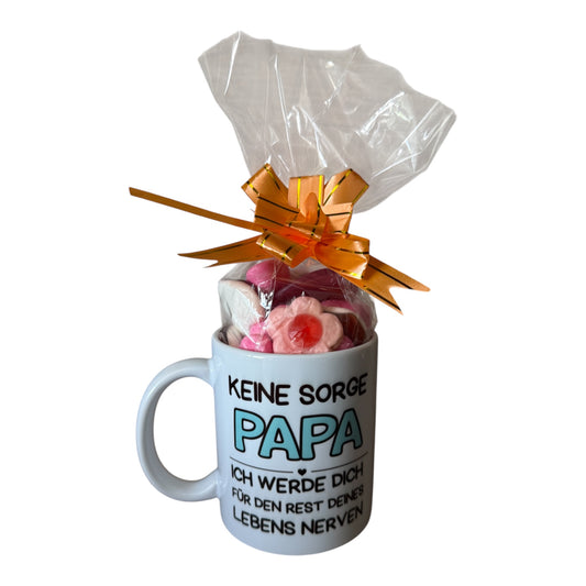 Vatertag Tasse ,, Keine Sorge Papa ich werde dich für den Rest deines Lebens Nerven'' + 300g Candy Tüte